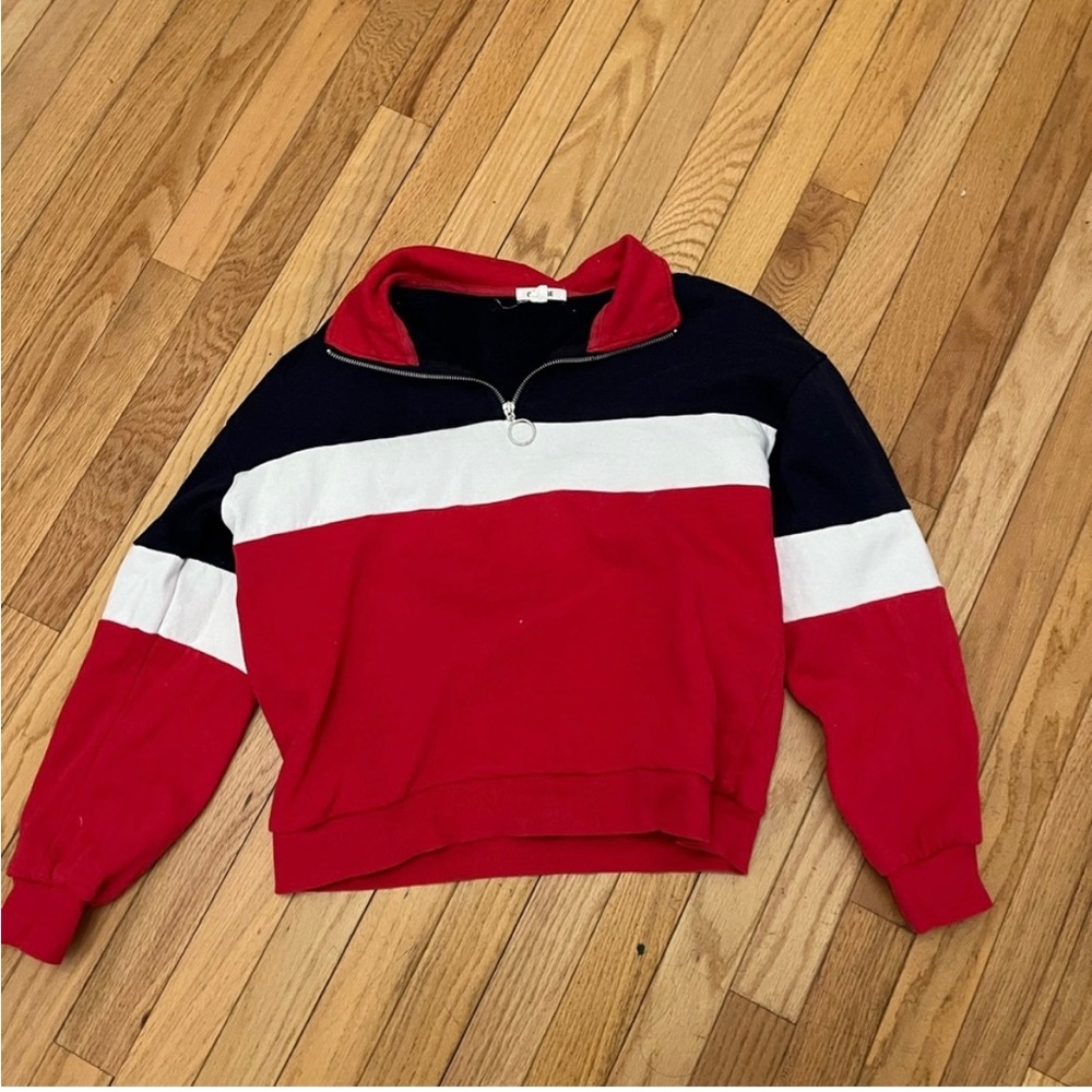Garage Colorblock Red/White/Navy Blue Women’s Cropped Quarter-zip Sweatshirt